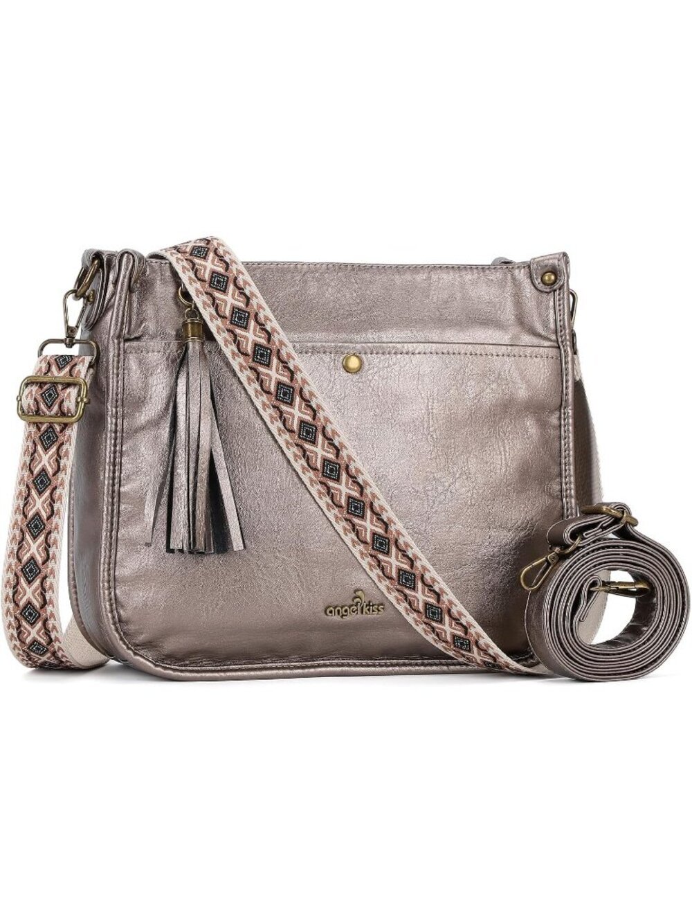 Women's Grey Vegan Leather Crossbody Bags Ladies Tassel Bag with Guitar Strap